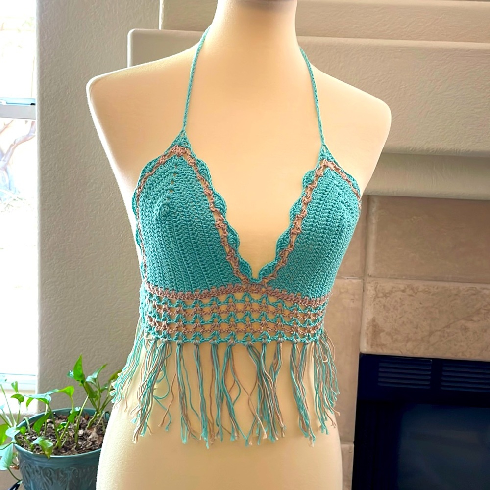 Bikini top crochet handmade cotton soft.perfect to wear to the beach new size s
